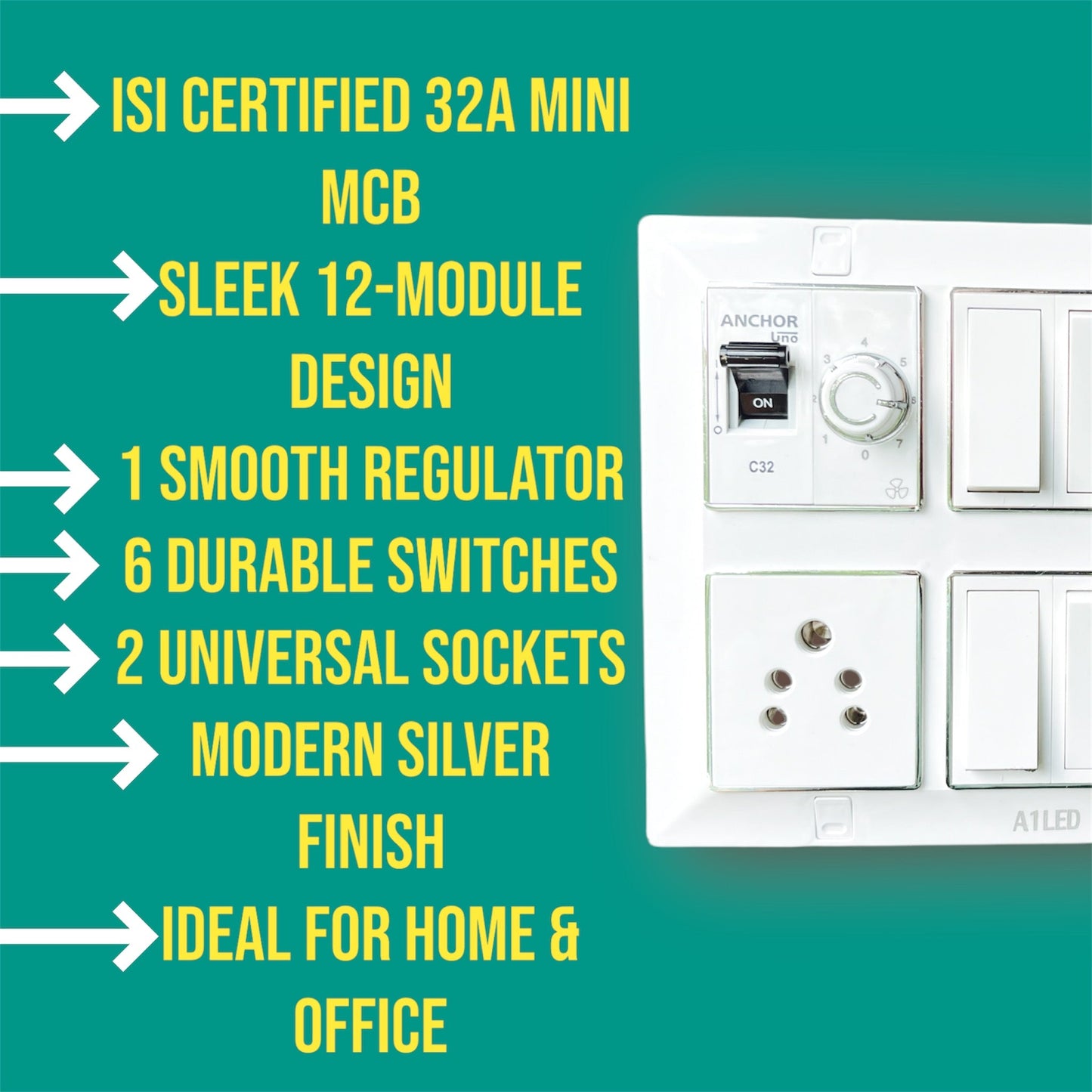 12 Module Silver Line Electrical Panel | 32A Mini SP MCB | 1 Fan Regulator, 6 Switches, 2 Universal Sockets - Premium Modular Design for Homes & Offices A1 LED