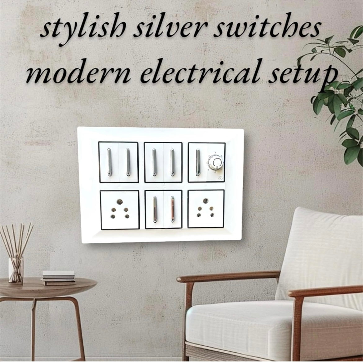 Stylish 12 Modular White Switch Plate Set – 2 Power Sockets, 1 Fan Regulator & 7 Premium Silver Switches A1 LED