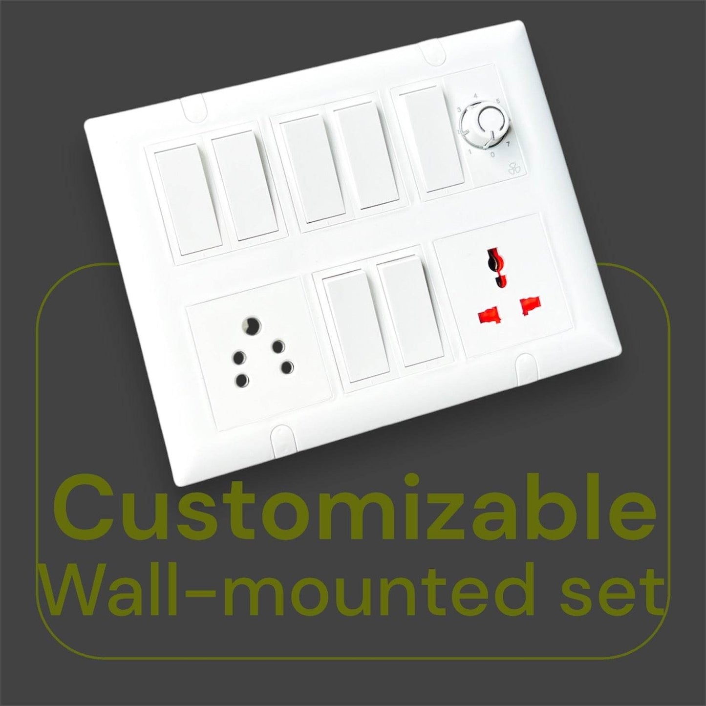 12 Modular Switch Board Set with 7 Rocker Switches, 13A & Universal Sockets, and Fan Regulator | Multi-Function Electrical Panel for Home & Office - A1 LED