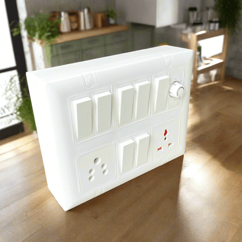 12 Modular Switch Board Set with 7 Rocker Switches, 13A & Universal Sockets, and Fan Regulator | Multi-Function Electrical Panel for Home & Office - A1 LED