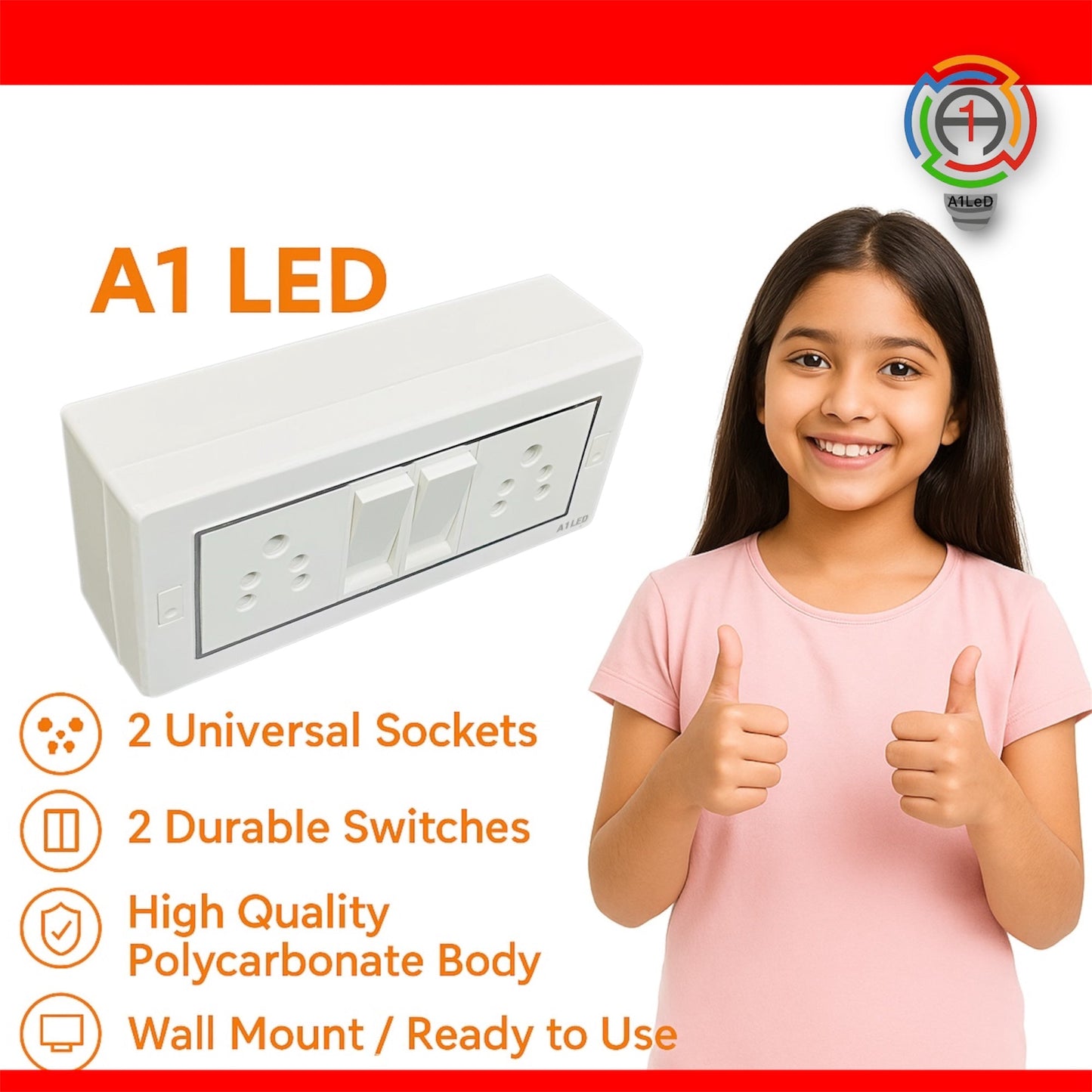A1 LED 6 Module Modular Switch Board | 2 Switch 10A + 2 Universal Socket | Wall Mount | Ready to Install A1 LED