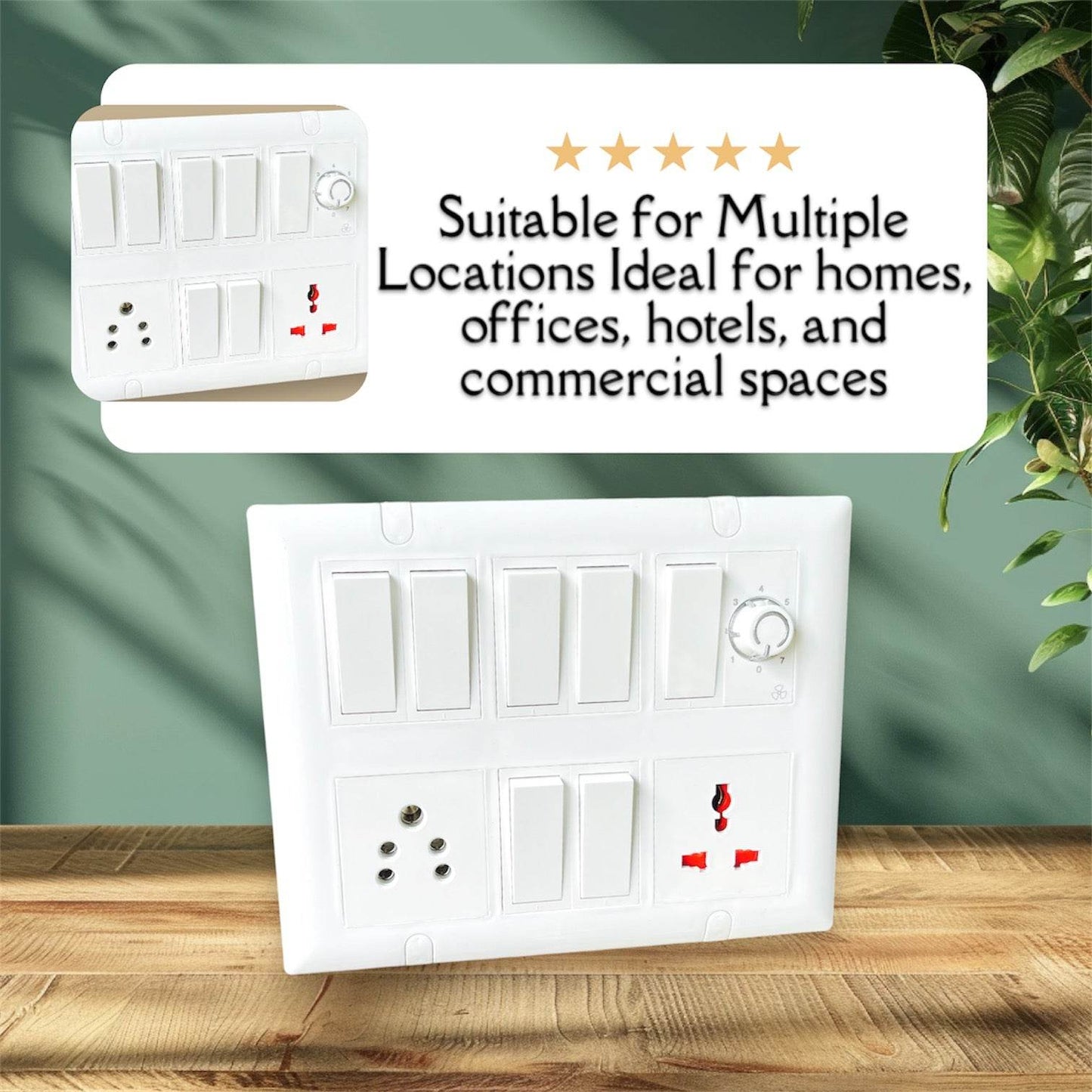 12 Modular Switch Board Set with 7 Rocker Switches, 13A & Universal Sockets, and Fan Regulator | Multi-Function Electrical Panel for Home & Office - A1 LED
