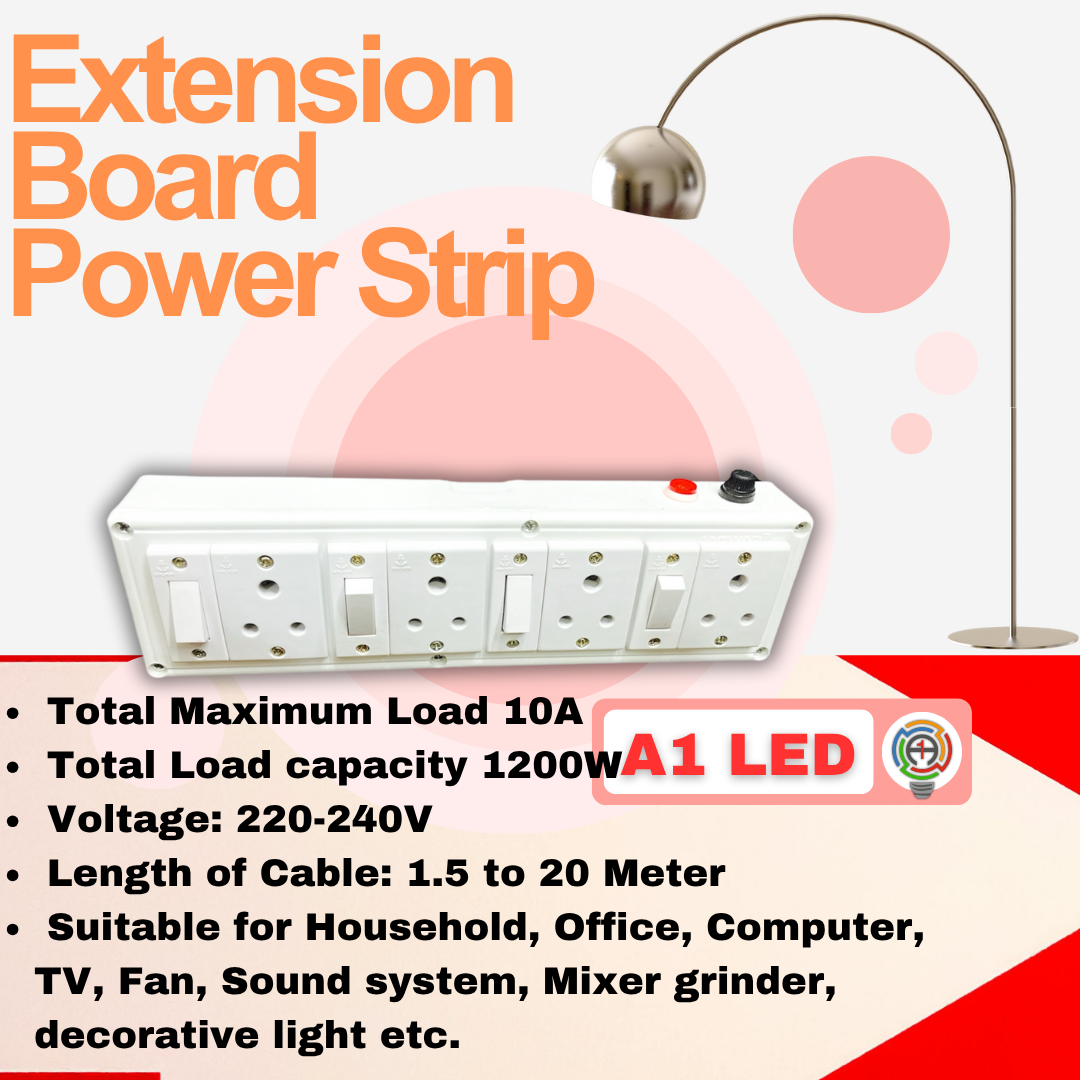 Extension Board with Individual Switch for 4 Sockets, 5 Meter Heavy Duty Cable, PVC White, Surge Protector, Spike Guard for Home Office, ISI Marked A1 LED