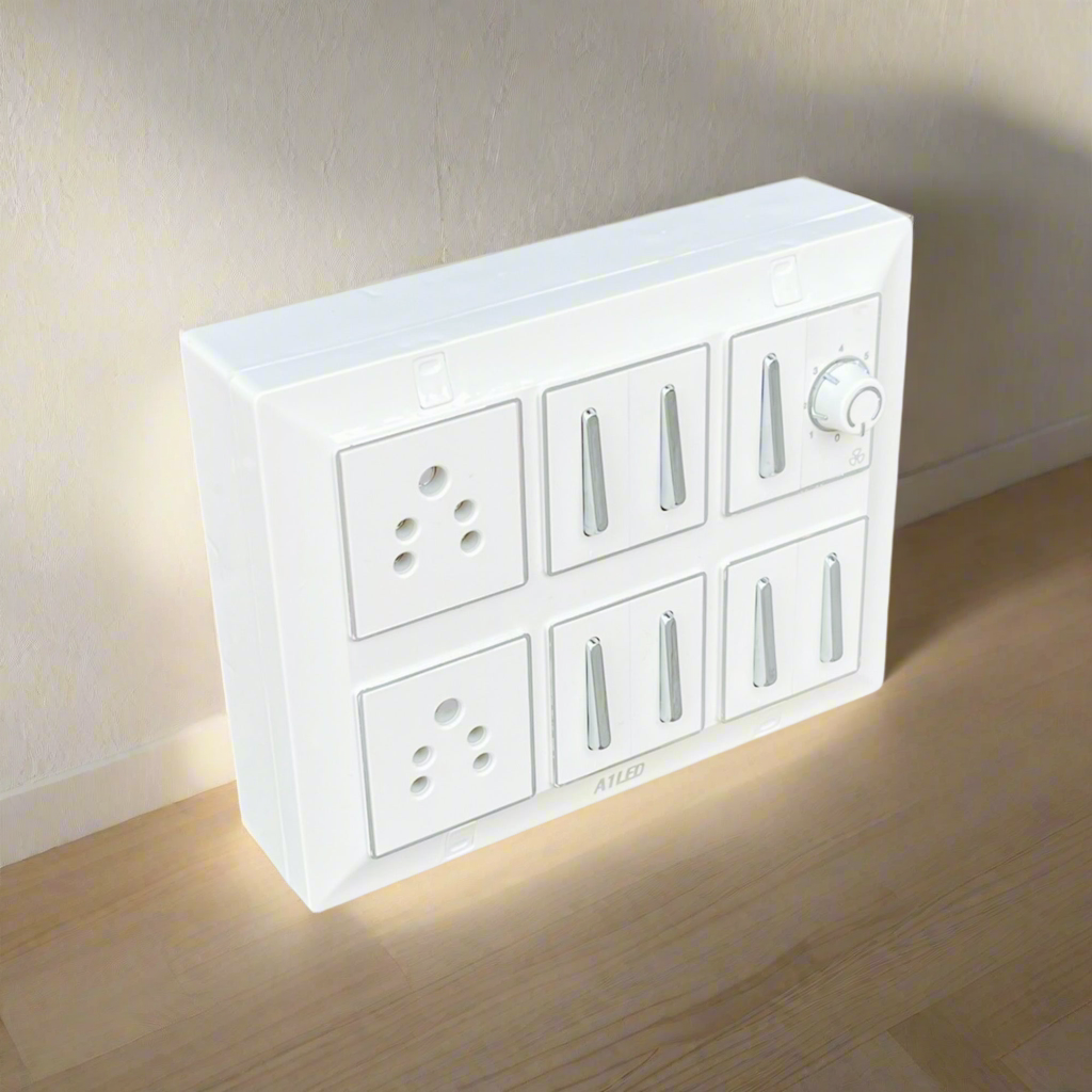 12 Module Square Power Board with 7 Silver 10A Switches, Fan Regulator, Dual Sockets – Heavy Duty Use A1 LED