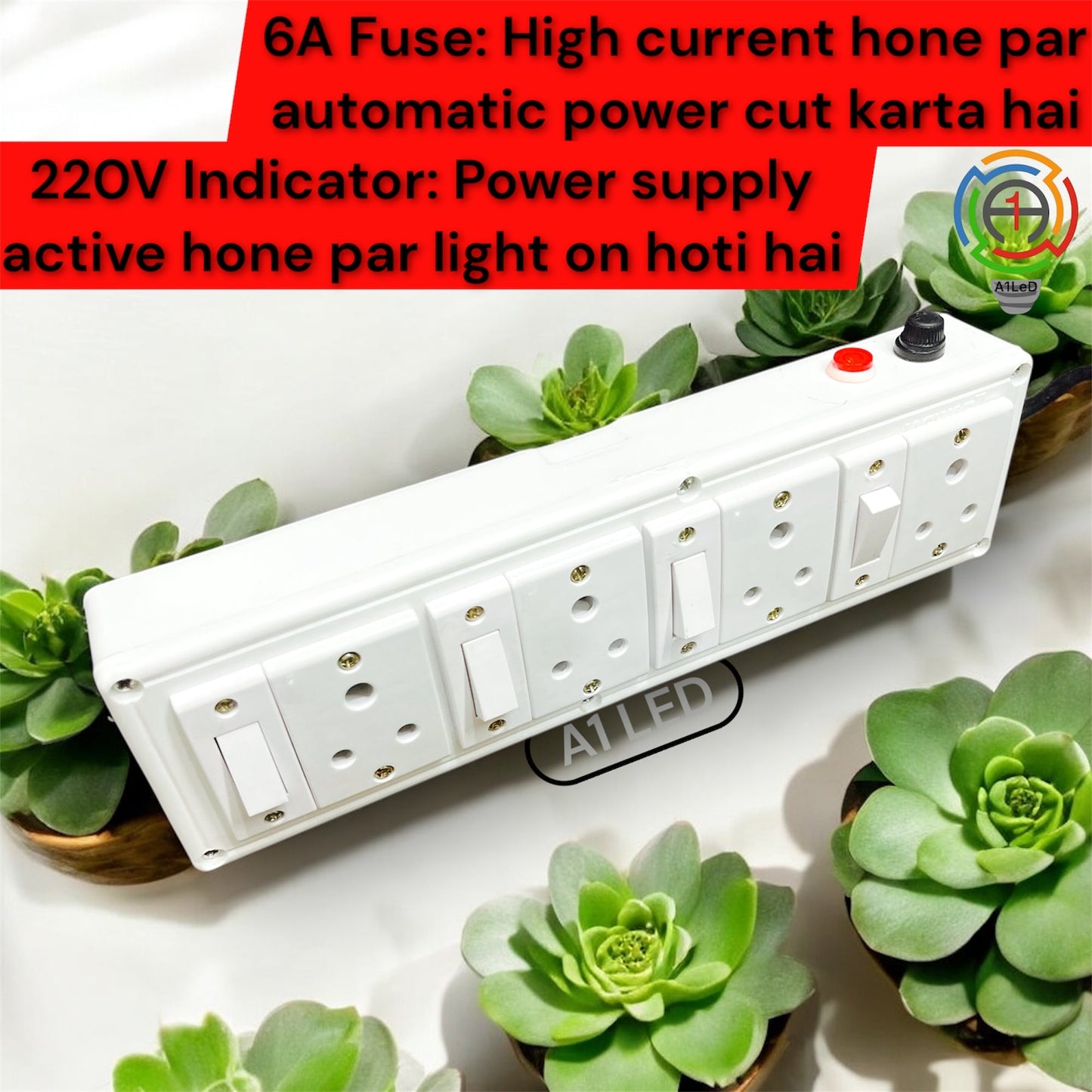 Extension Board with Individual Switch for 4 Sockets, 5 Meter Heavy Duty Cable, PVC White, Surge Protector, Spike Guard for Home Office, ISI Marked A1 LED