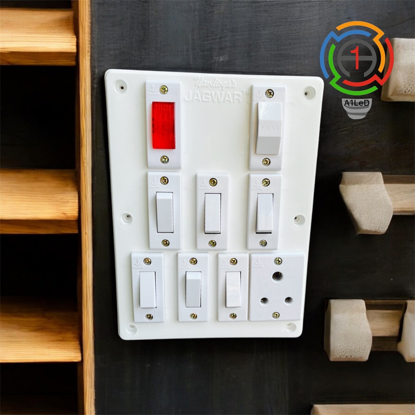 8x6 Modular Switch Board – 6 Switches, 1 Socket, 1 Fuse, 1 Indicator | Installation Kit Included - A1 LED