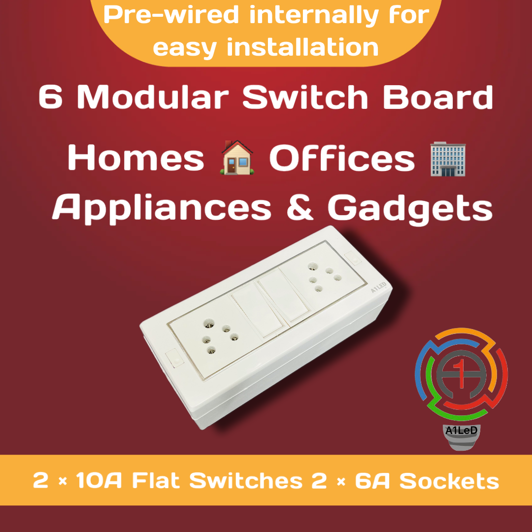 A1 LED 6 Module Modular Switch Board | 2 Switch 10A + 2 Universal Socket | Wall Mount | Ready to Install A1 LED