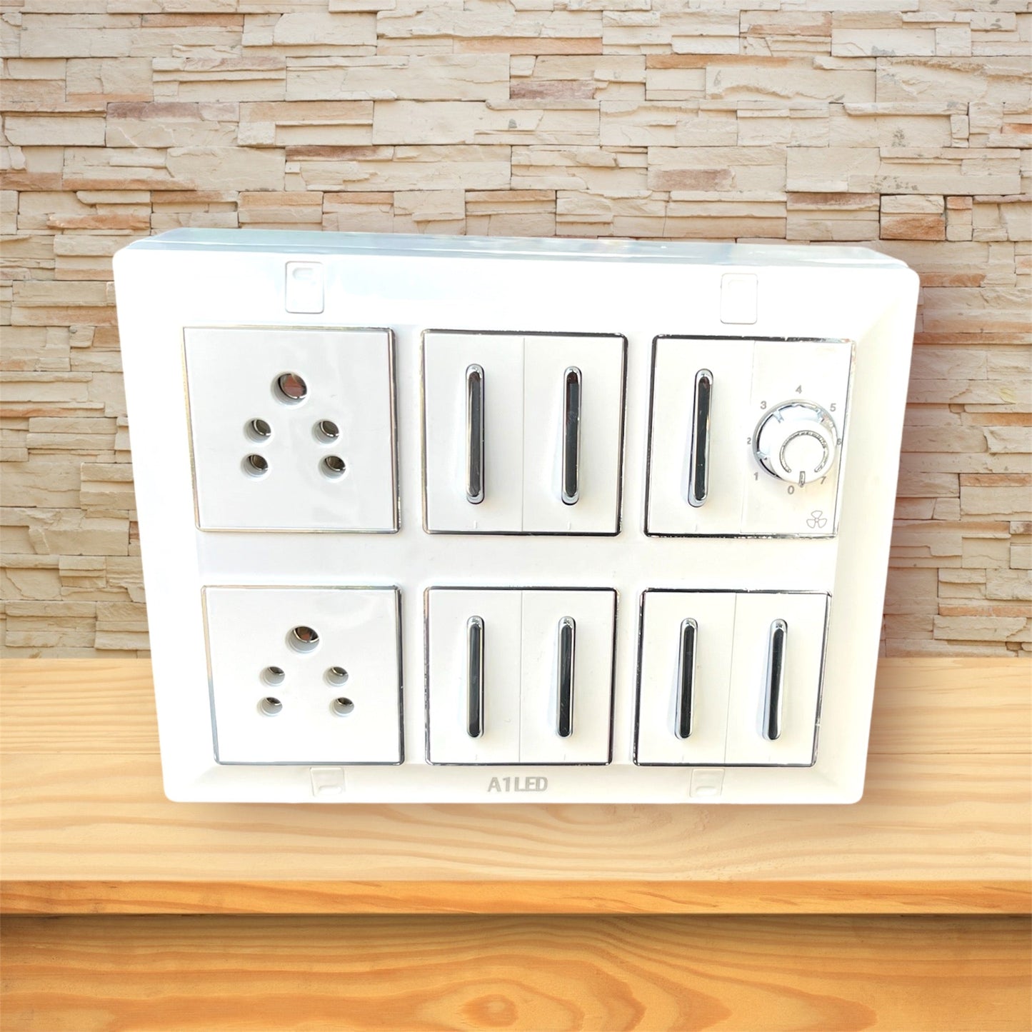 12 Module Square Power Board with 7 Silver 10A Switches, Fan Regulator, Dual Sockets – Heavy Duty Use A1 LED