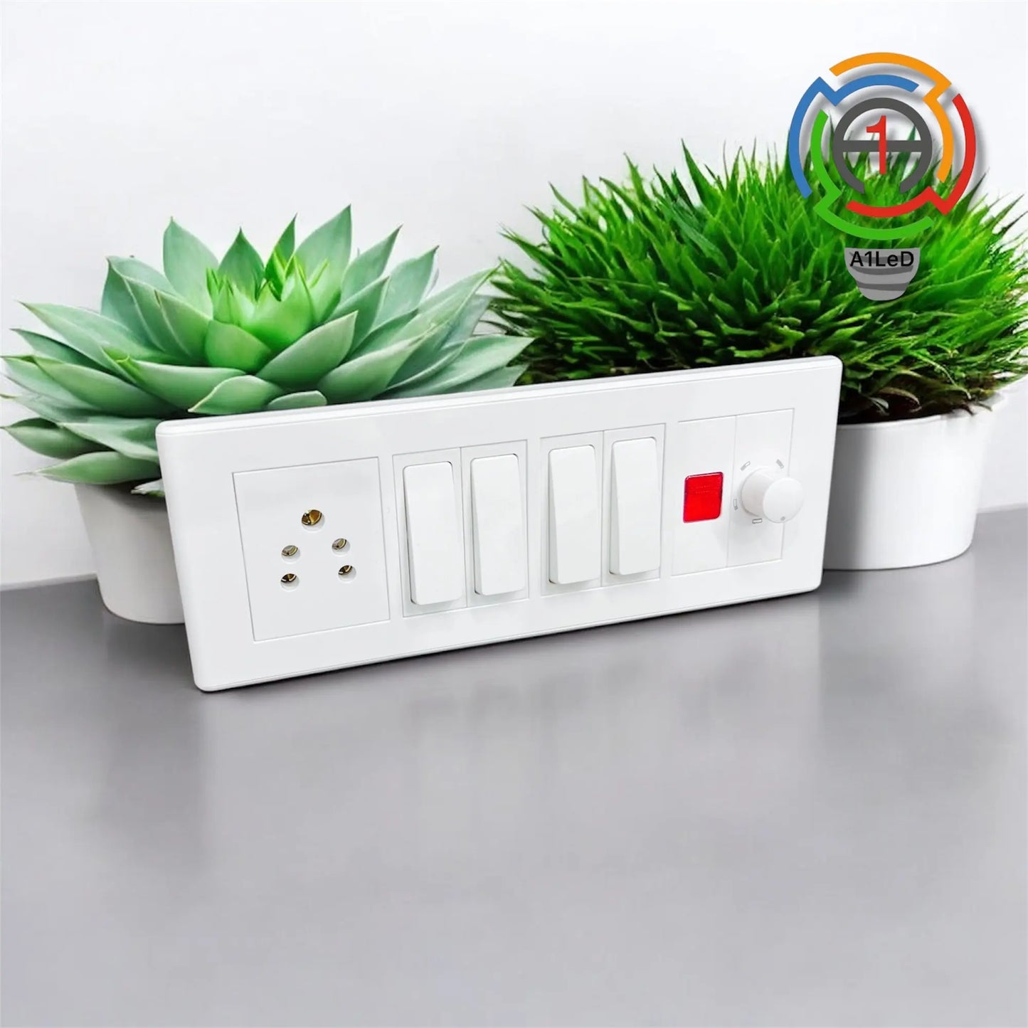 8M Modular Switch Plate with Universal Socket, Dimmer & Indicator A1 LED