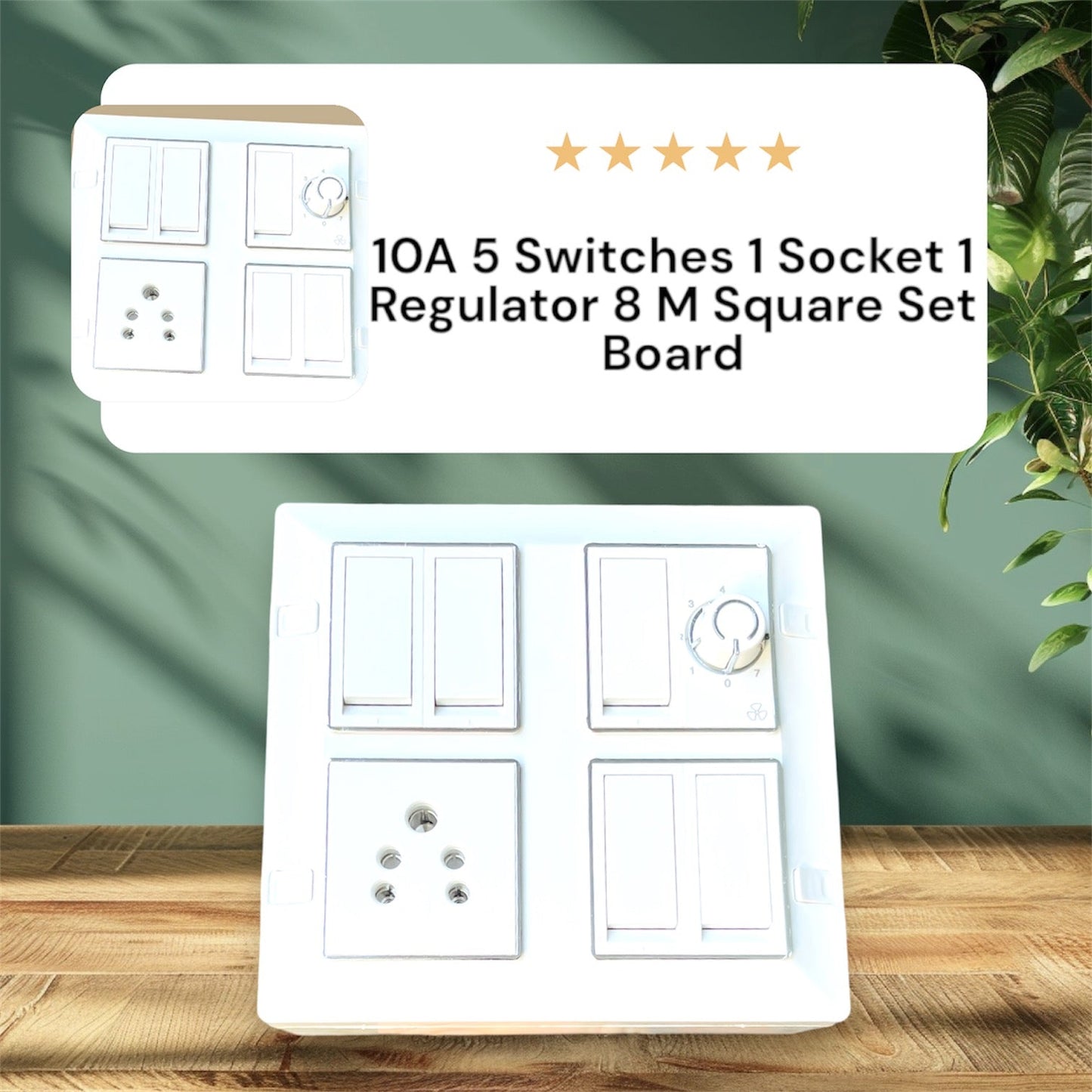 8 Modular Square Silver-Line Switch Board | 5 × 10A Rocker Switches, 1 Socket & Fan Regulator | Modular Electrical Panel for Home & Off A1 LED