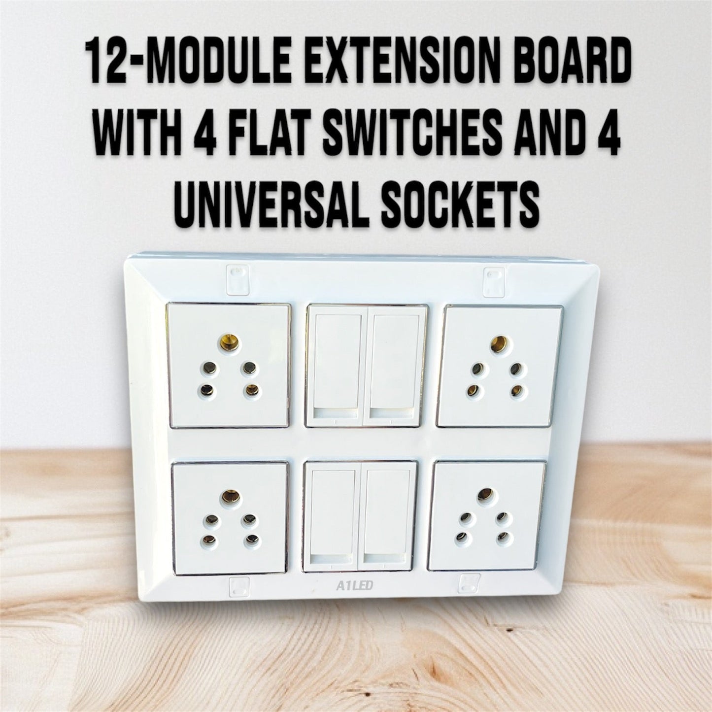 12 Module Extension Board | 4 Modular 10A Switches + 4 Universal Sockets | Heavy-Duty Modular Power Strip | Extension Box for Home, Office & Shop Use A1 LED