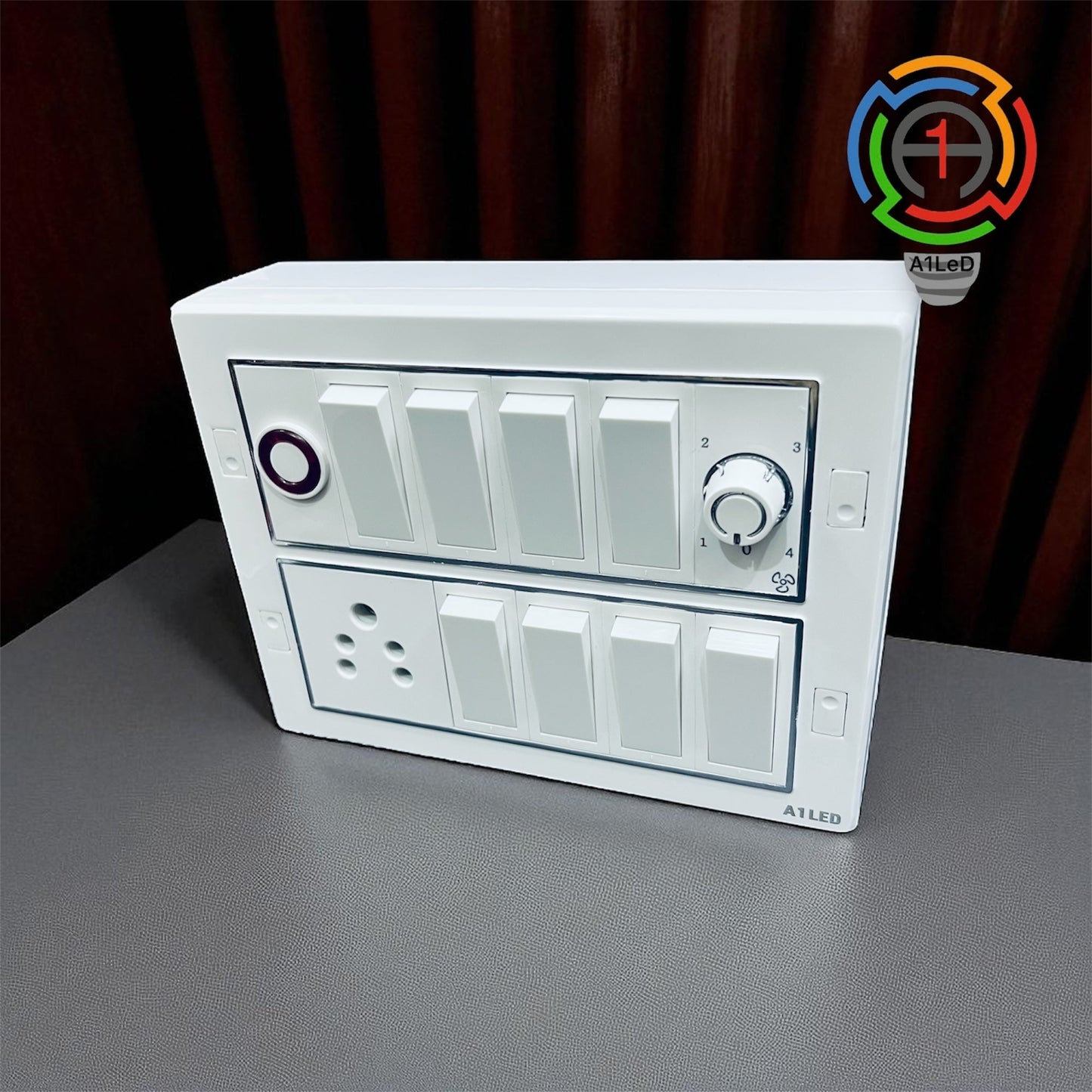 A1LED 12 Modular Silver Line Switch Board | Pre-Wired Wall Mount Ready Board with 8×10A Switches, 6A Switch, 5 Pin Socket, Fan Regulator & Indicator, Durable and Easy to Install A1 LED