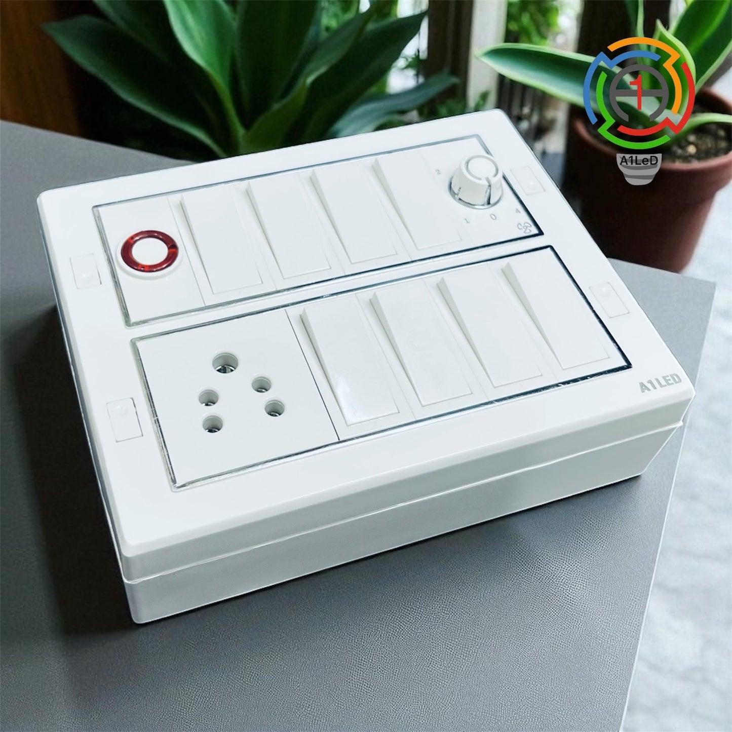 A1LED 12 Modular Silver Line Switch Board | Pre-Wired Wall Mount Ready Board with 8×10A Switches, 6A Switch, 5 Pin Socket, Fan Regulator & Indicator, Durable and Easy to Install A1 LED