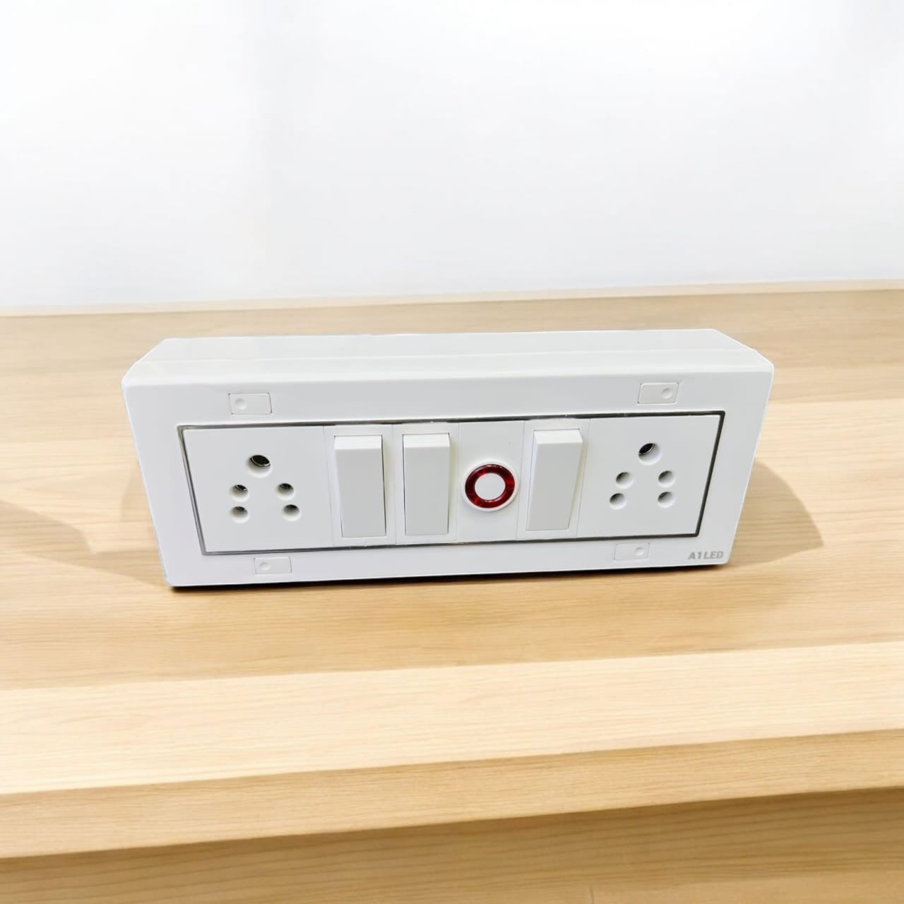 A1 LED Modular Switch Board with 2 Universal Sockets, 3 Rocker Switches, Indicator Light | 8 Module Silver Line Design | White Panel for Home, Office & Commercial Use A1 LED