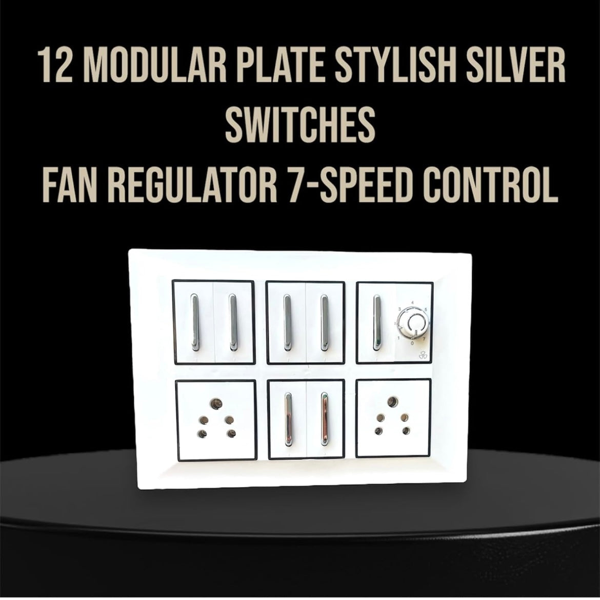 Stylish 12 Modular White Switch Plate Set – 2 Power Sockets, 1 Fan Regulator & 7 Premium Silver Switches A1 LED