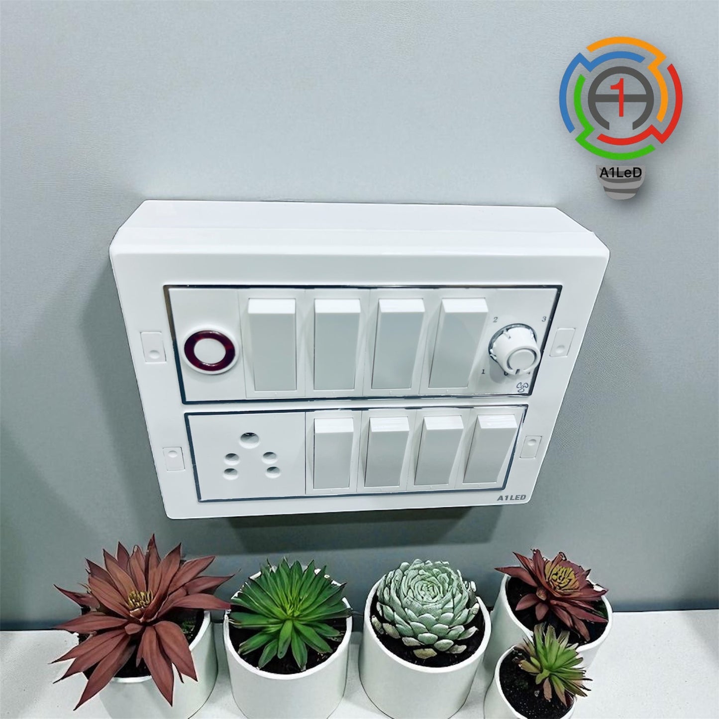 A1LED 12 Modular Silver Line Switch Board | Pre-Wired Wall Mount Ready Board with 8×10A Switches, 6A Switch, 5 Pin Socket, Fan Regulator & Indicator, Durable and Easy to Install A1 LED