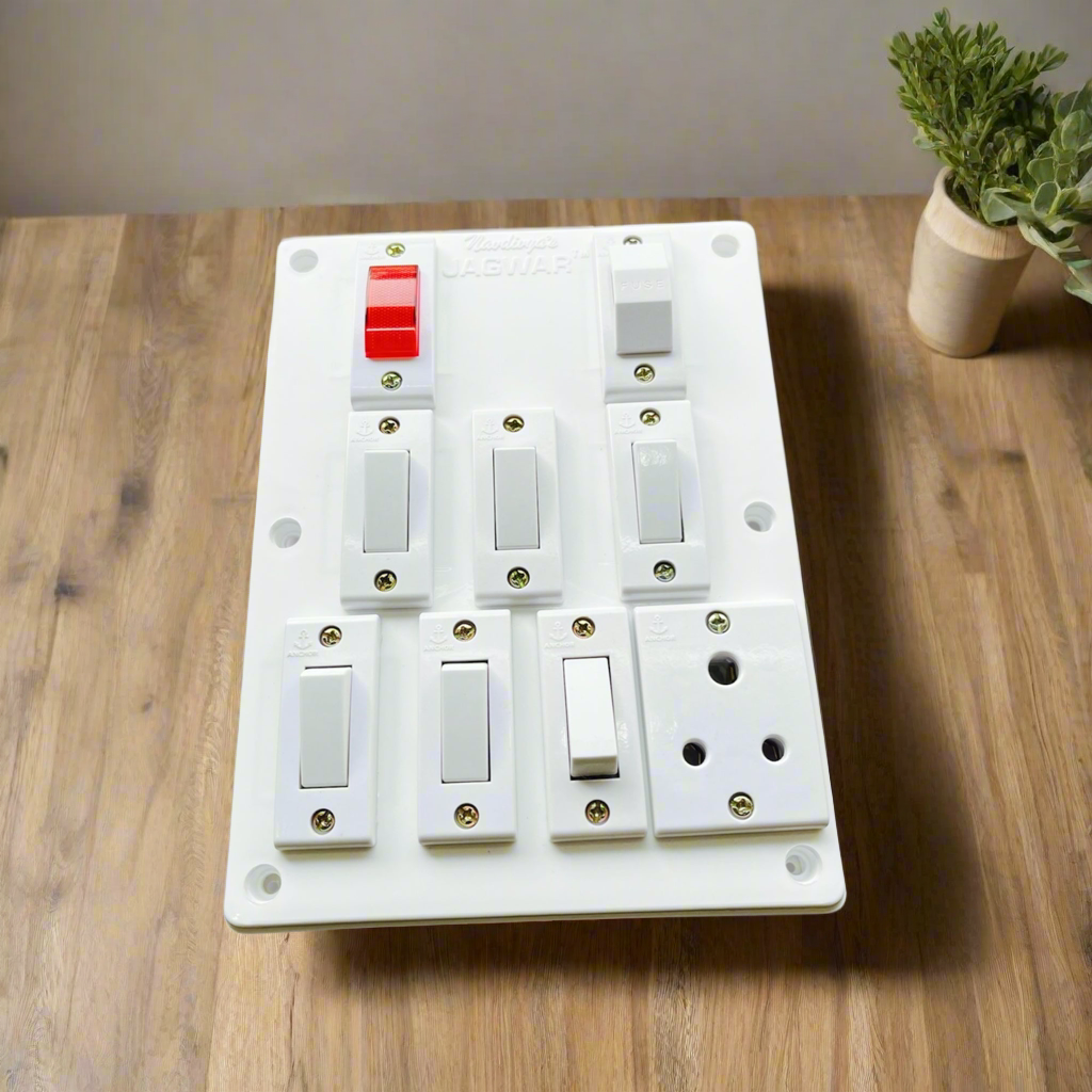 8x6 Modular Switch Board – 6 Switches, 1 Socket, 1 Fuse, 1 Indicator | Installation Kit Included A1 LED