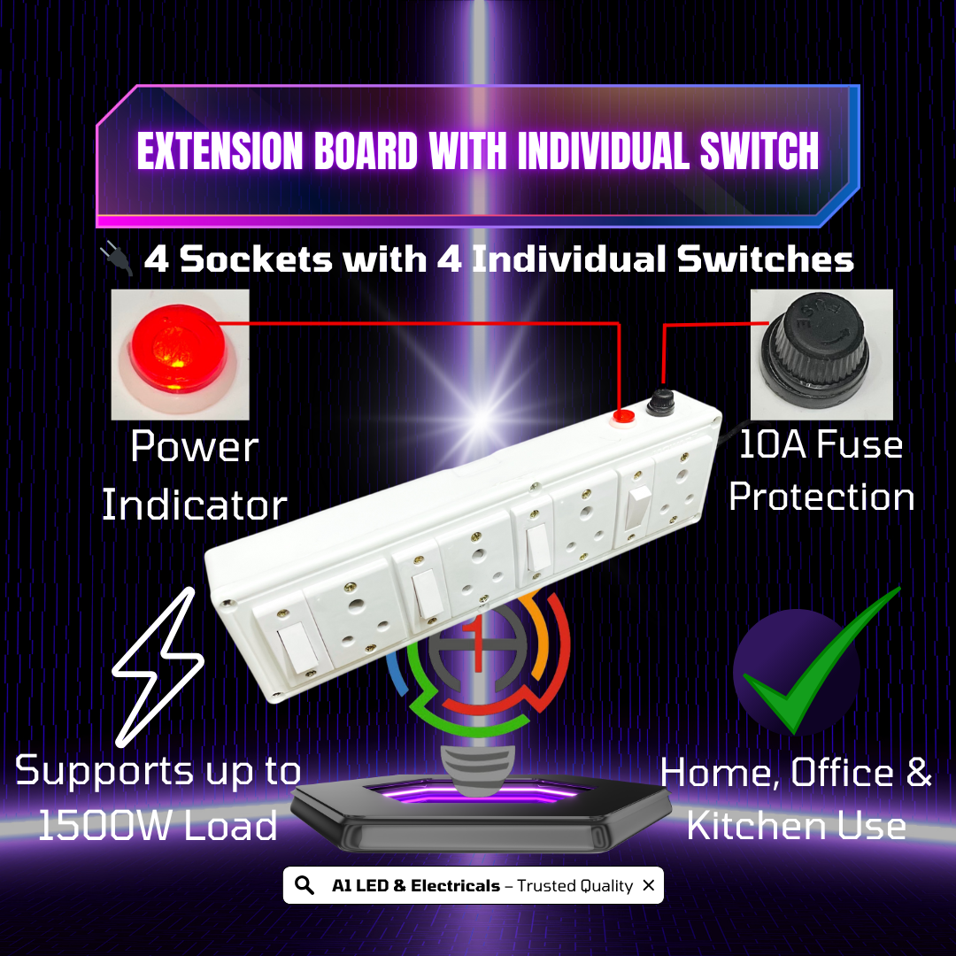Extension Board with Individual Switch for 4 Sockets, 5 Meter Heavy Duty Cable, PVC White, Surge Protector, Spike Guard for Home Office, ISI Marked A1 LED