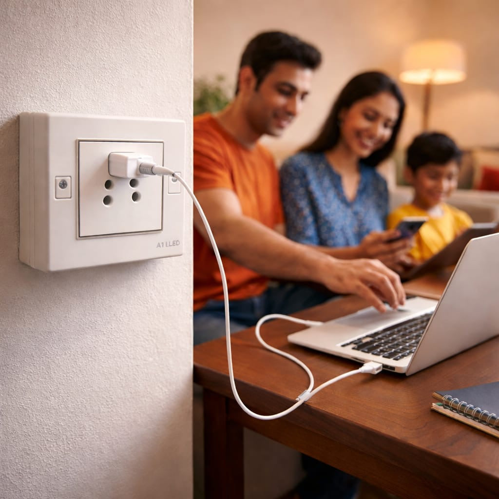 A1 LED 2 Module Modular Switch Board with 1 Socket (6A) – Compact Wall Mount Electric Board, White, Durable & Shock Resistant for Home and Office A1 LED