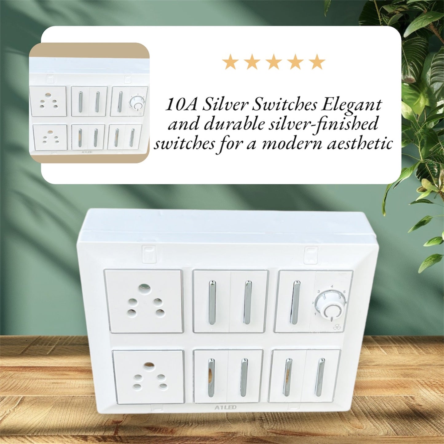 12 Module Square Power Board with 7 Silver 10A Switches, Fan Regulator, Dual Sockets – Heavy Duty Use A1 LED