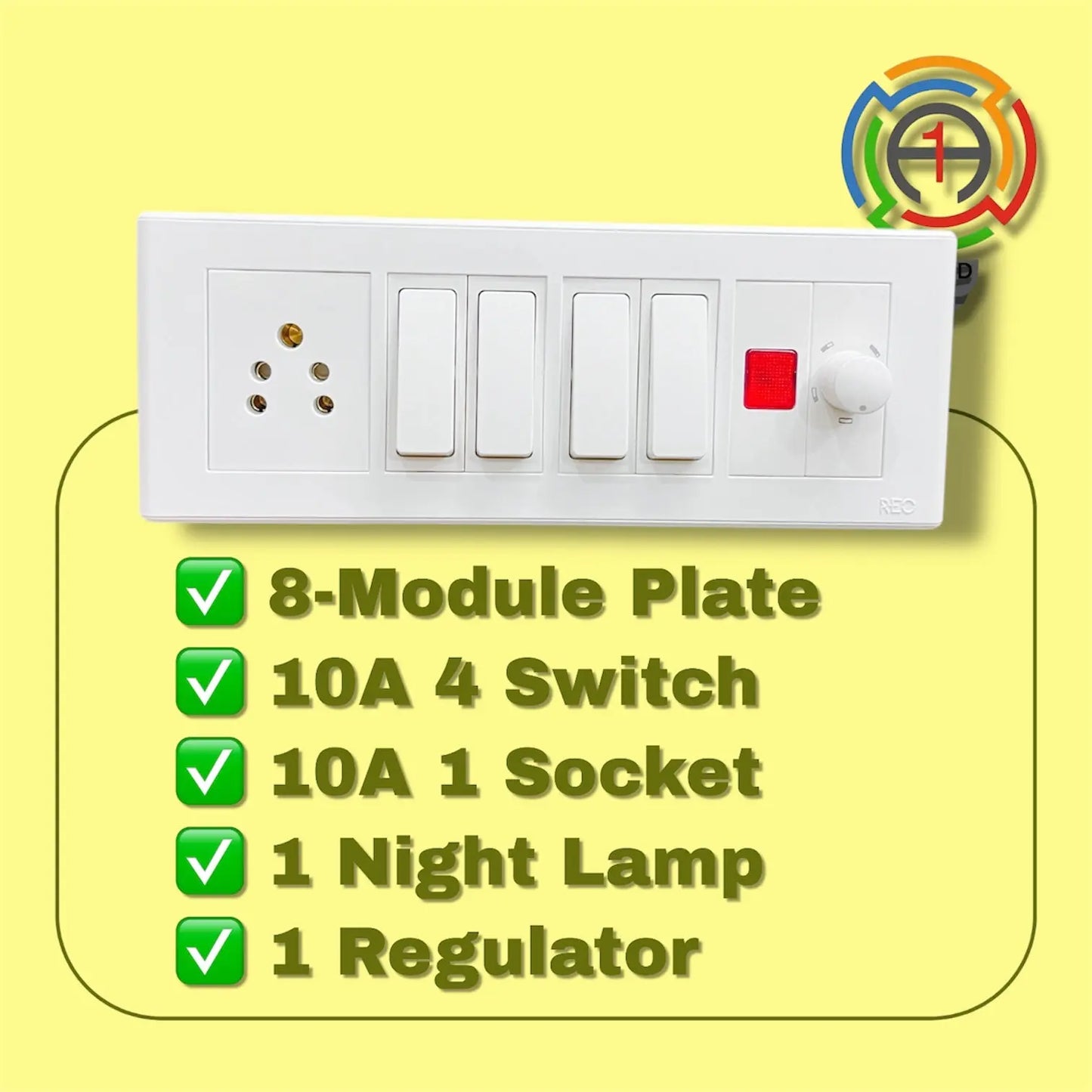 8M Modular Switch Plate with Universal Socket, Dimmer & Indicator A1 LED