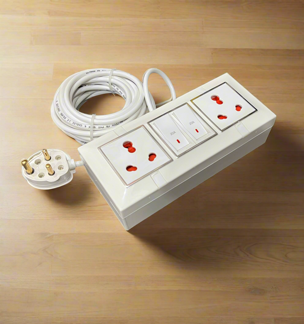 6 Modular Extension Board with 2 Heavy Duty 20A Switches, 2 Power Sockets, 3-Pin Plug & Copper Wire – for Home, Office & Industrial Use A1 LED