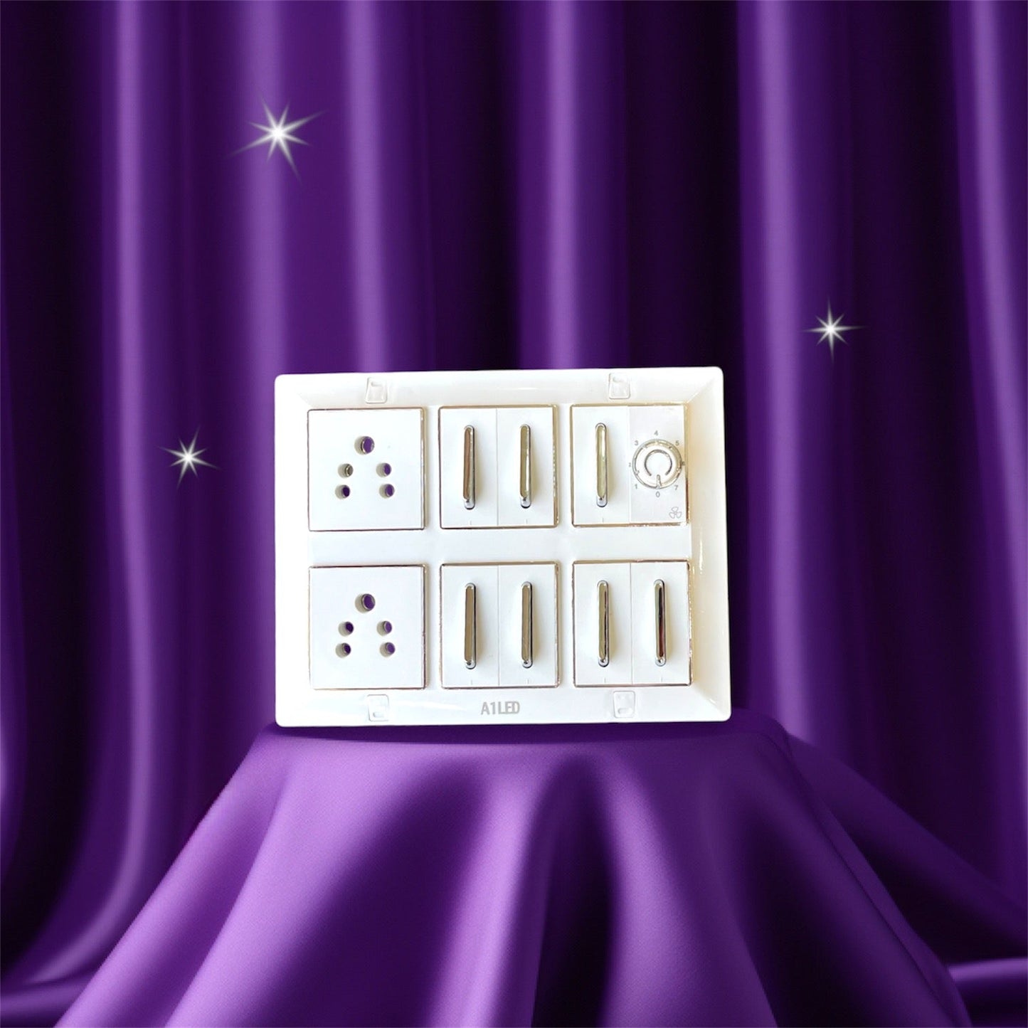 12 Module Square Power Board with 7 Silver 10A Switches, Fan Regulator, Dual Sockets – Heavy Duty Use A1 LED