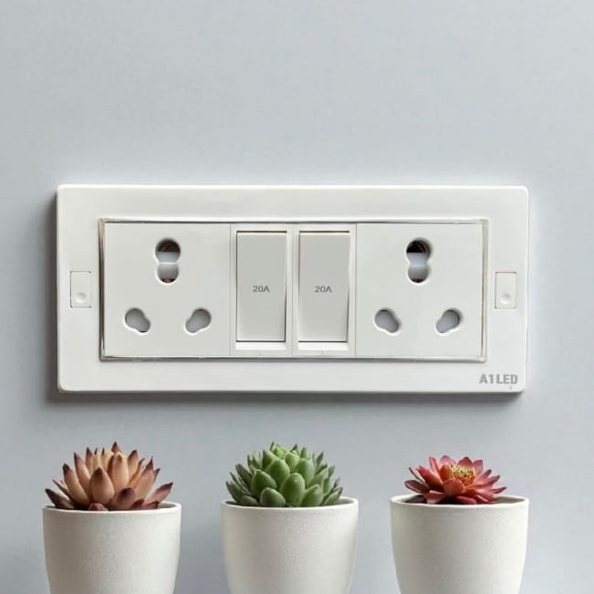 A1LED Premium 6 Modular Board with 2 Sockets (16A) and 2 Switches (20A) | Heavy Load Modular Switch Board for Geyser, AC, Microwave & Home Use