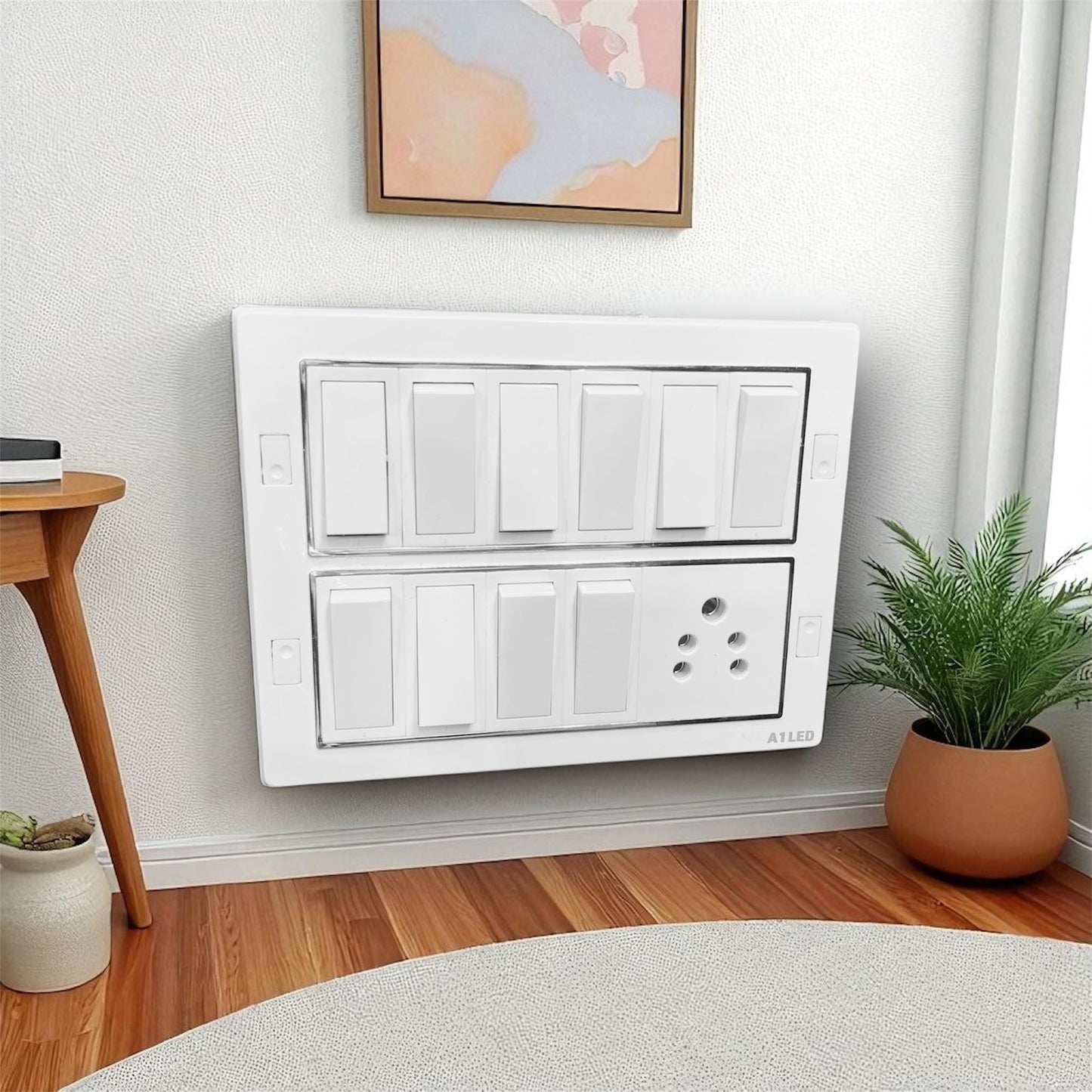 A1LED 12 Module Wall Mount Switch Board – 10 Switch + 1 Socket | White A1 LED