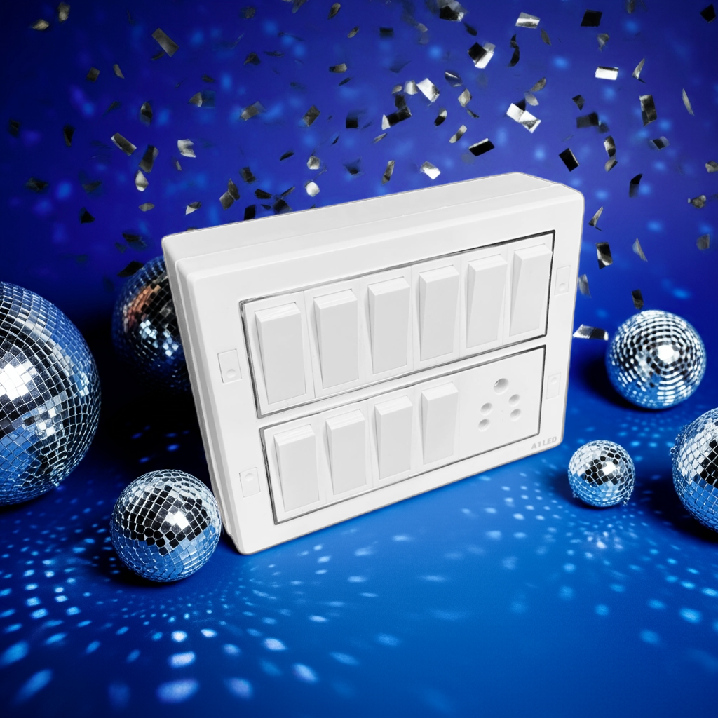 A1LED switch board 12 Module Wall Mount Switch Board – 10 Switch + 1 Socket | White A1 LED