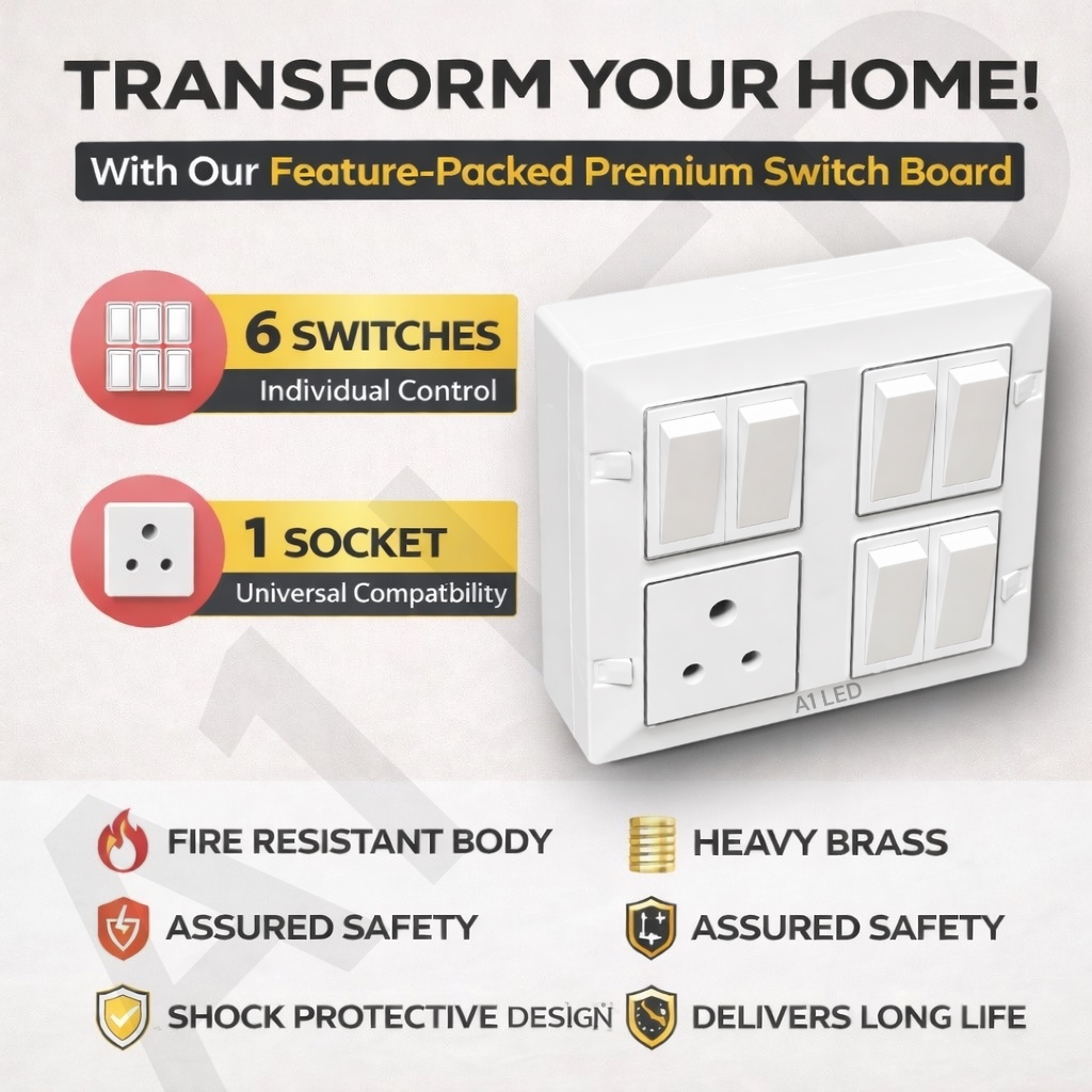 A1 LED 8 Modular Square Switch Board with 6 Switch & 1 Socket Premium Silver Line Modular Electrical Board Wall Mounted Installation Kit Included A1 LED