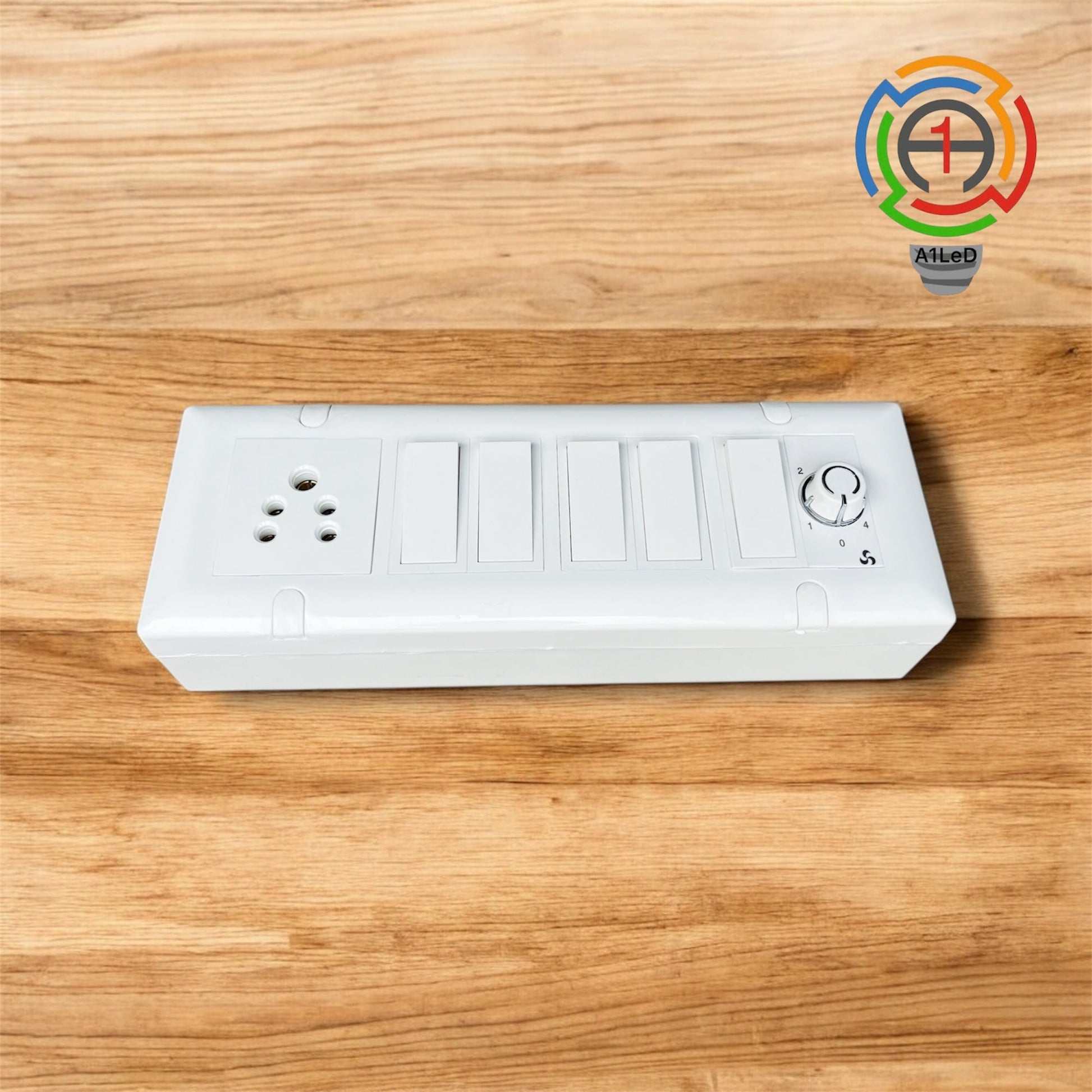 Premium 8 Module Surface Wall-Mounted Switch Board – 5 Switches, 1 Regulator, 1 Socket | Complete Electrical Set (White) A1 LED
