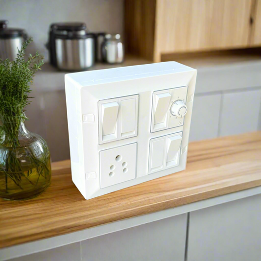 8 Modular Square Silver-Line Switch Board | 5 × 10A Rocker Switches, 1 Socket & Fan Regulator | Modular Electrical Panel for Home & Off A1 LED