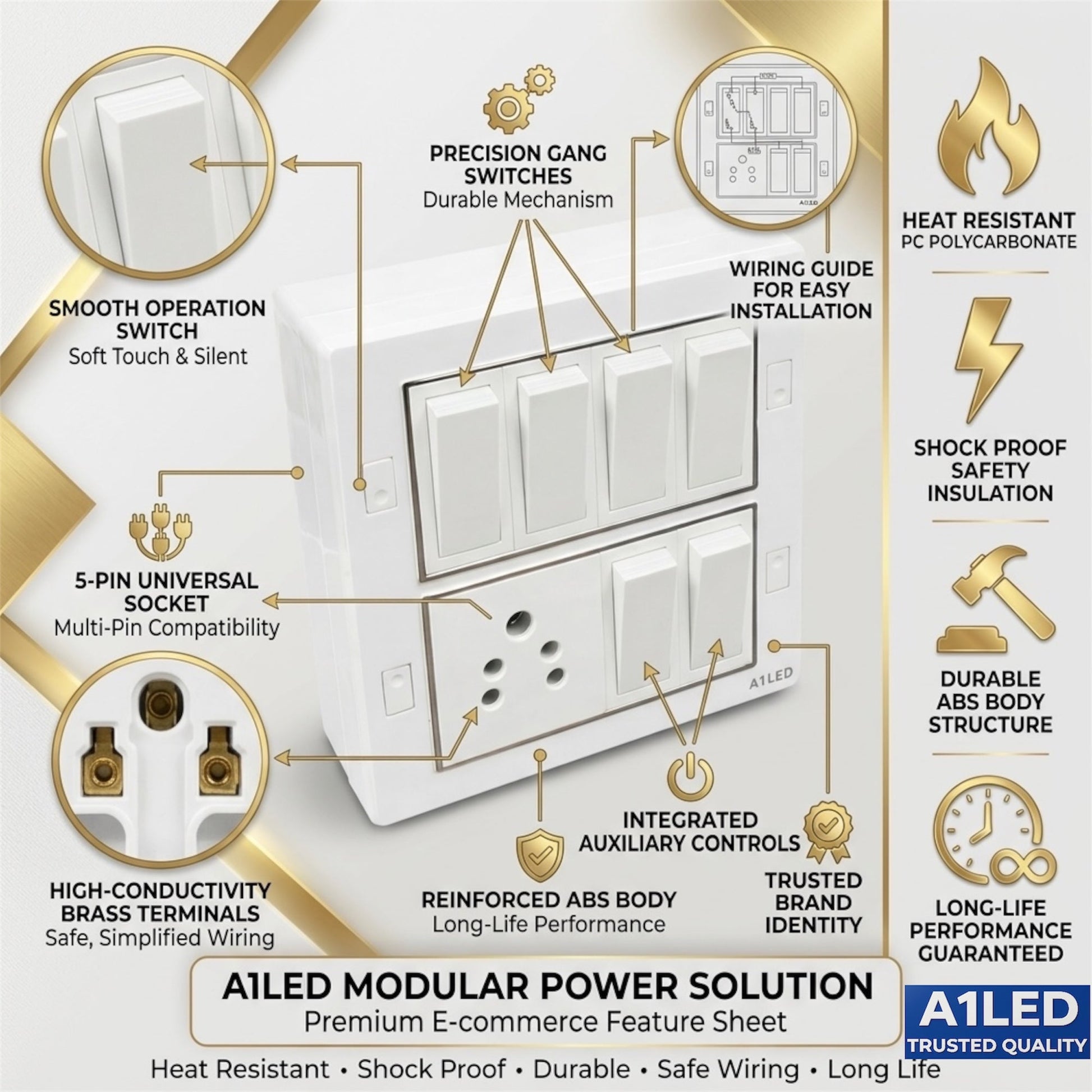 A1LED 8 Module Board – 6 Switch (10A) + 1 Socket (6A) | Ready Board with Install Kit loop A1 LED