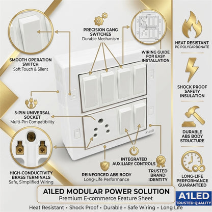 A1LED 8 Module Board – 6 Switch (10A) + 1 Socket (6A) | Ready Board with Install Kit loop A1 LED