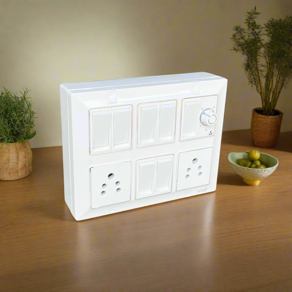 Premium 12 Module Silver Line Box – 7 Switches, 2 Sockets, 1 Fan Regulator | Elegant & Durable Design A1 LED