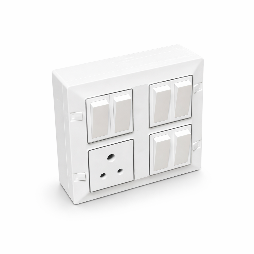 A1 LED 8 Modular Square Switch Board with 6 Switch & 1 Socket Premium Silver Line Modular Electrical Board Wall Mounted Installation Kit Included A1 LED