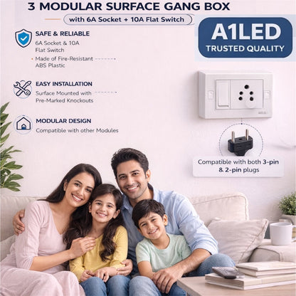 A1 LED 3 Modular Surface Gang Box | 6A Socket & 10A Flat Switch | Silver Line | Fire-Resistant ABS Plastic | For Home, Office & Shop A1 LED