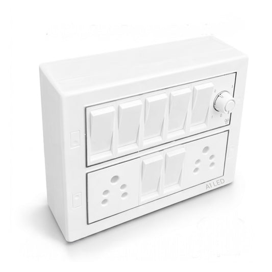 A1 LED 12 Modular Switch Board | 7 Switches + 2 Universal Sockets + Fan Regulator | Shock Proof & Fire Resistant | For Home, Office & Kitchen A1 LED