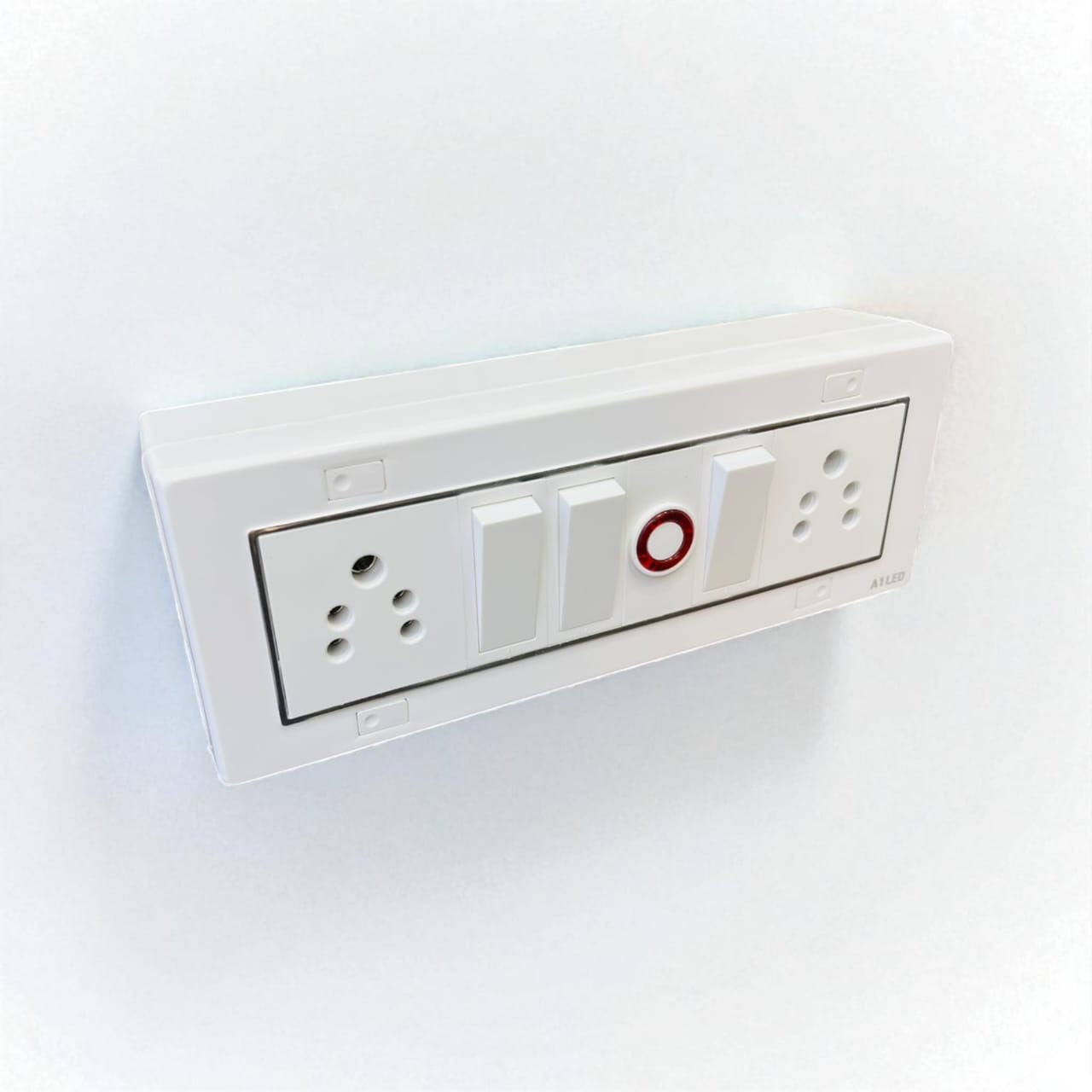A1 LED Modular Switch Board with 2 Universal Sockets, 3 Rocker Switches, Indicator Light | 8 Module Silver Line Design | White Panel for Home, Office & Commercial Use A1 LED