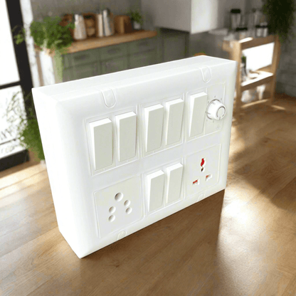 12 Modular Switch Board Set with 7 Rocker Switches, 13A & Universal Sockets, and Fan Regulator | Multi-Function Electrical Panel for Home & Office - A1 LED 
