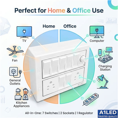 A1 LED 12 Modular Switch Board | 7 Switches + 2 Universal Sockets + Fan Regulator | Shock Proof & Fire Resistant | For Home, Office & Kitchen A1 LED