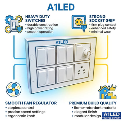 A1 LED 12 Modular Switch Board | 8 Switches, 1 Socket, Fan Regulator & Indicator | Shock Proof & Fire Resistant | Wall Mount with Install Kit | Home, Office & Shop A1 LED
