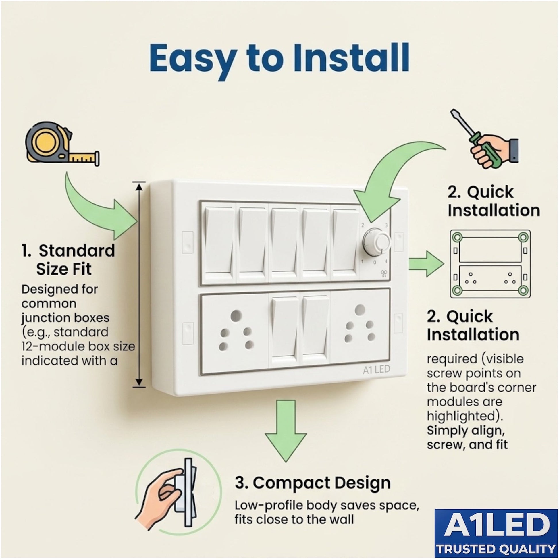 A1 LED 12 Modular Switch Board | 7 Switches + 2 Universal Sockets + Fan Regulator | Shock Proof & Fire Resistant | For Home, Office & Kitchen A1 LED