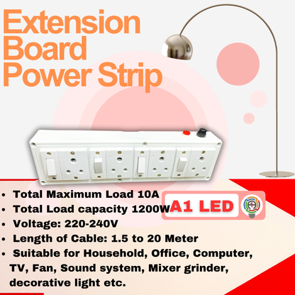 Extension Board with Individual Switch for 4 Sockets, 5 Meter Heavy Duty Cable, PVC White, Surge Protector, Spike Guard for Home Office, ISI Marked A1 LED