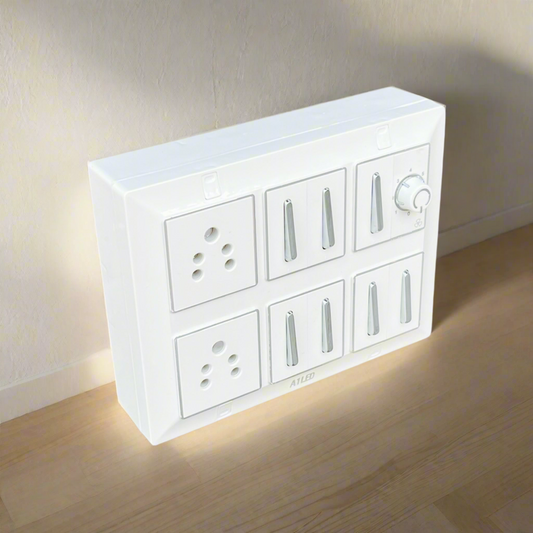 12 Module Square Power Board with 7 Silver 10A Switches, Fan Regulator, Dual Sockets – Heavy Duty Use A1 LED