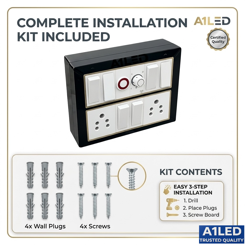 A1LED 12 Modular Switch Board with Regulator & Indicator | 6 Switches 10A, 2 Sockets 6A | Wall Mount Electrical Board | Black & Gold Finish A1 LED