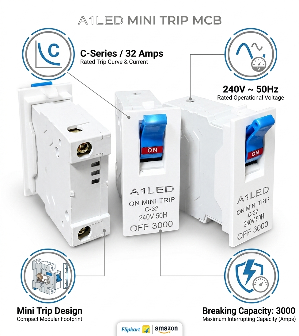 A1LED Mini Trip MCB 32A | C-Series | 240V 50Hz | Short Circuit Protection | For Modular Boards & Plates