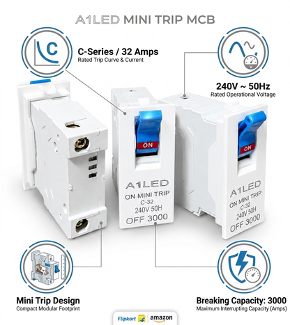 A1LED Mini Trip MCB 32A | C-Series | 240V 50Hz | Short Circuit Protection | For Modular Boards & Plates