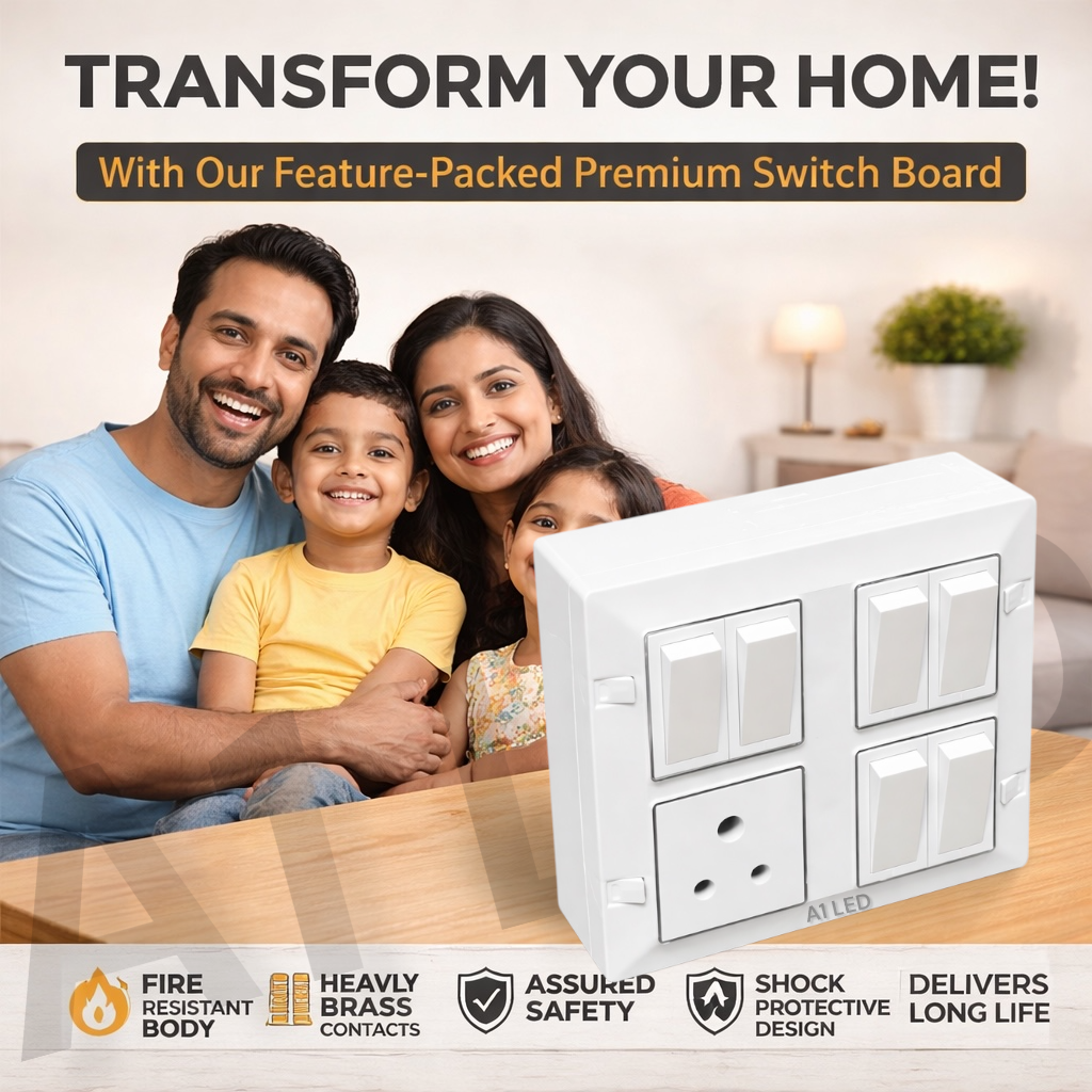 A1 LED 8 Modular Square Switch Board with 6 Switch & 1 Socket Premium Silver Line Modular Electrical Board Wall Mounted Installation Kit Included A1 LED
